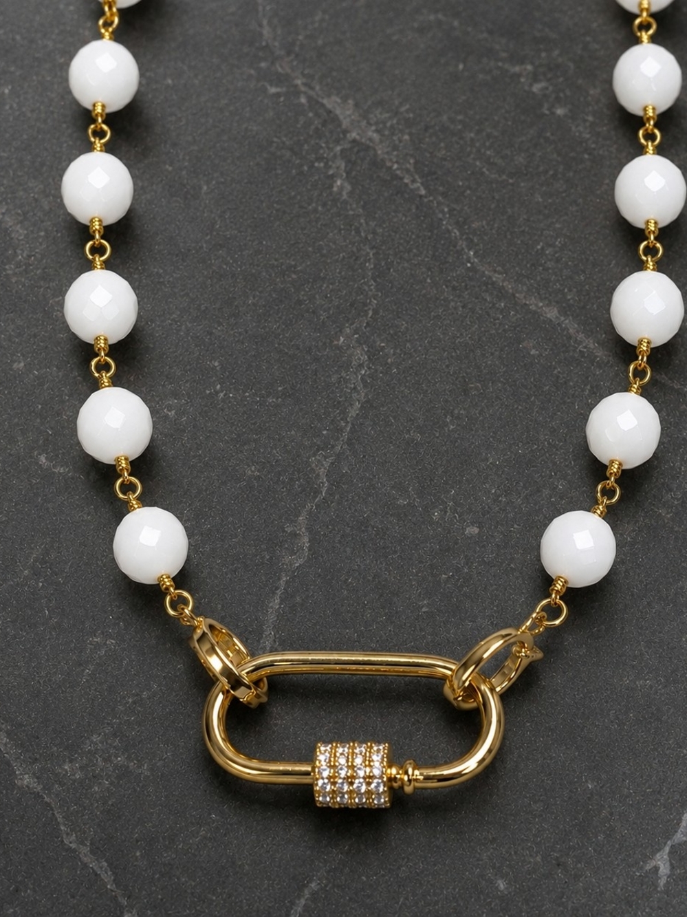 White Jade Faceted Necklace Gold Carabiner CZ Pave Layering Necklace